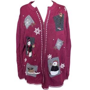 Vintage Croft & Barrow Snowman Full Zip Christmas Cardigan Sweater Red 2X XXL
